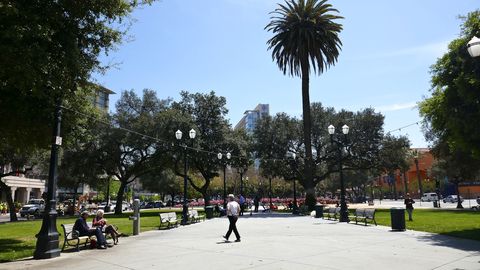 People walking and sitting on benches under palm and oak trees at Plaza de César Chávez, a free public park in Downtown San Jose